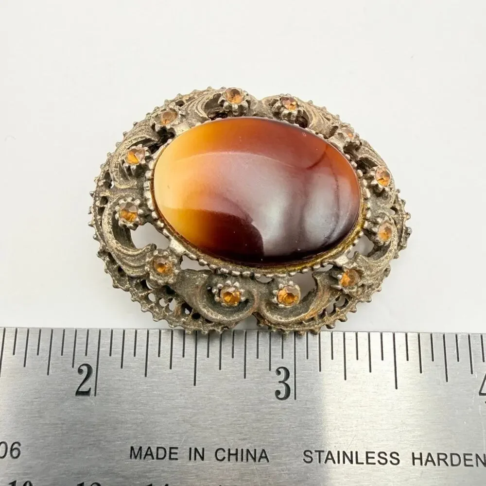Vtg Mid Century Victorian Revival Oval Faux Tiger Eye Pot Metal Brooch Pendant